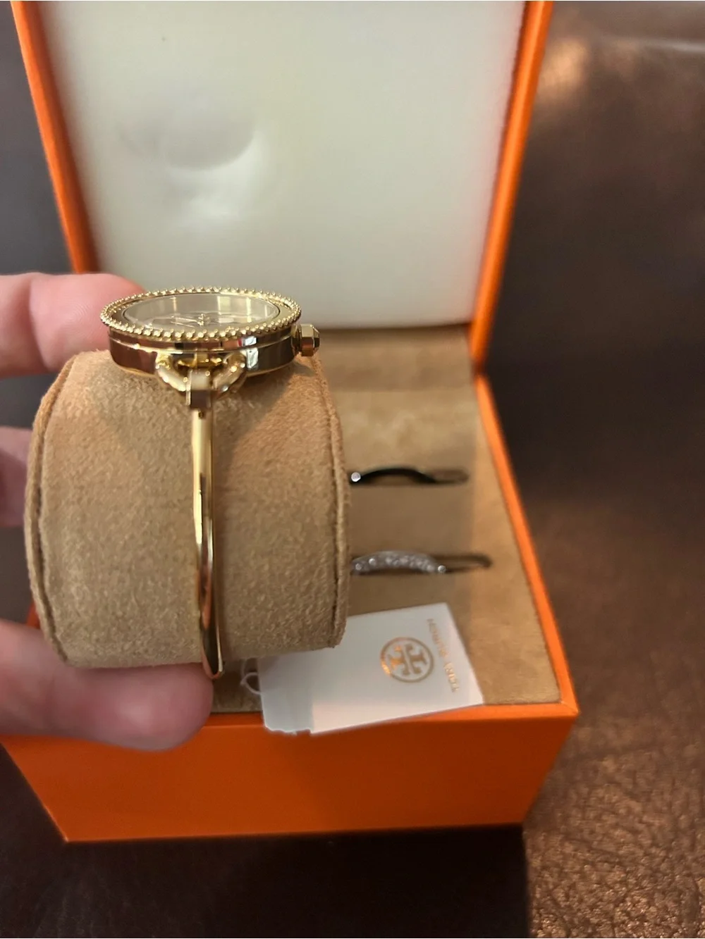 Tory Burch Gold-Tone Logo Dial Bangle Watch with White Face